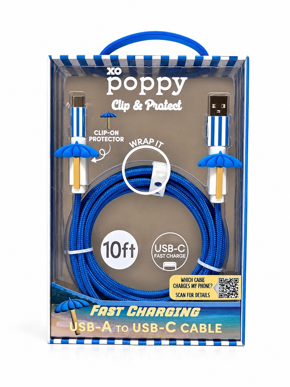 XO Poppy 10ft USB-A to USB-C Fast Charging Cable Blue